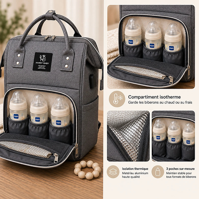 Compartiment isotherme du sac à langer multifonctions Daphné Harry Baby avec 3 biberons