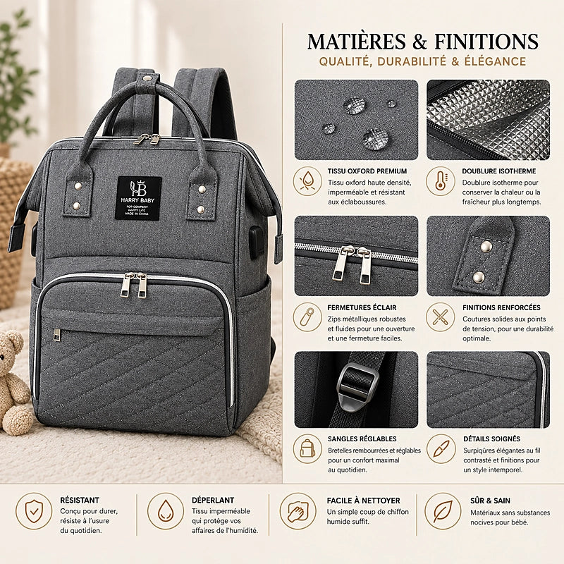 Détails matières du sac à langer multifonctions Daphné Harry Baby : tissu oxford et finitions