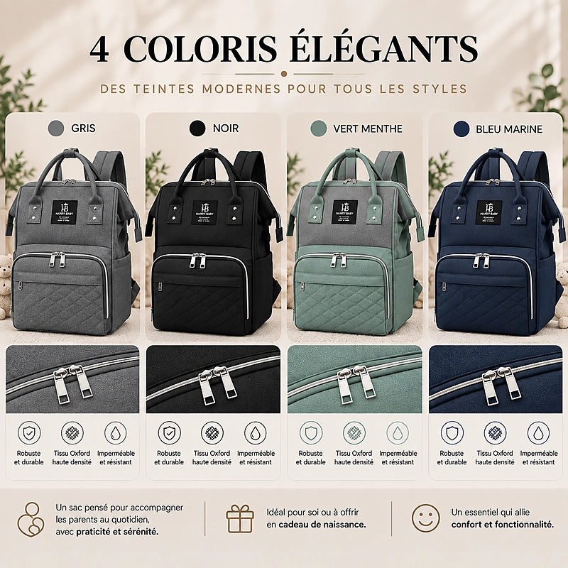Sac à dos à langer multifonctions Daphné Harry Baby en gris, noir, vert menthe et bleu marine