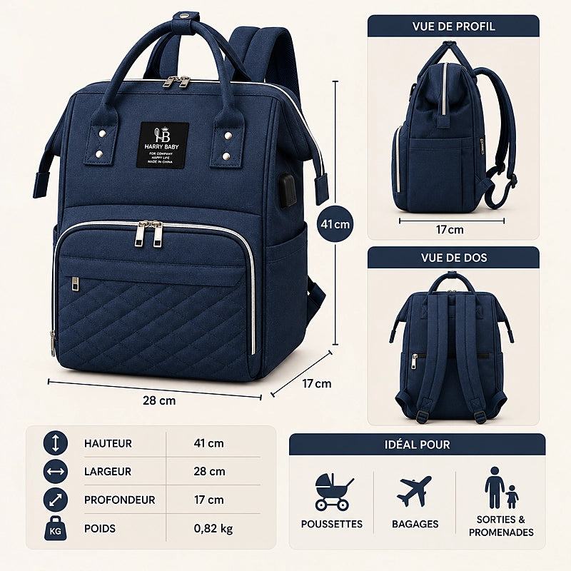 Sac à dos à langer multifonctions Daphné Harry Baby bleu marine, dimensions et vue de dos