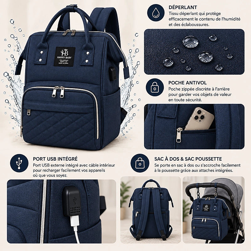 Sac à dos à langer multifonctions Daphné Harry Baby bleu marine, déperlant avec port USB