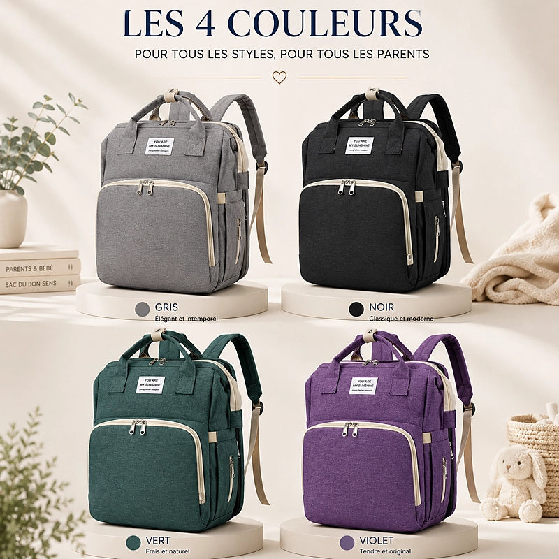 Sac à langer 3 en 1 convertible en lit bébé en 4 coloris : gris, noir, vert et violet