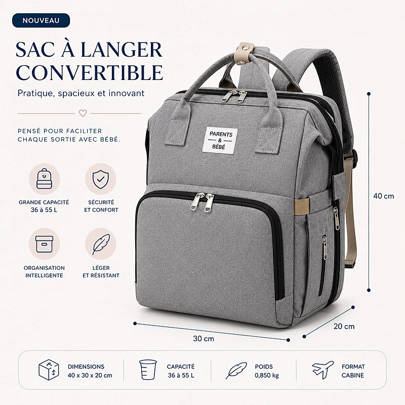Sac à langer 3 en 1 convertible Parents & Bébé, grande capacité 36 à 55 litres