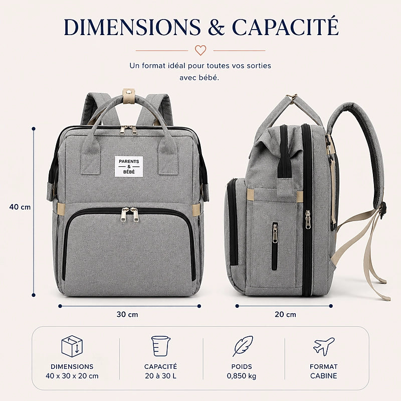 Sac à langer 3 en 1 convertible en lit gris, dimensions 40x30x20cm vue face et profil