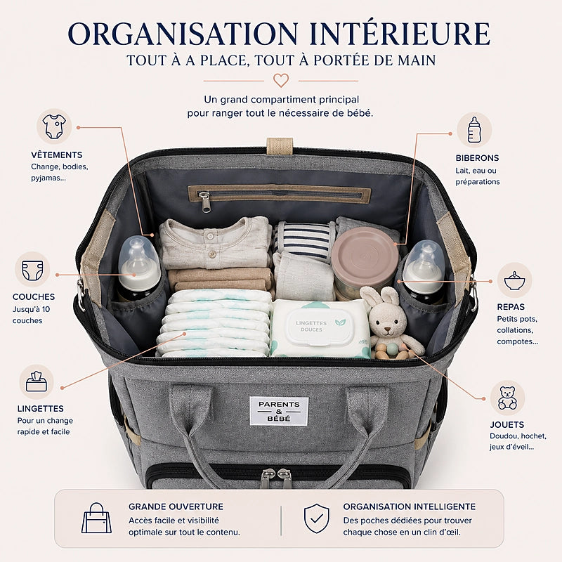 Intérieur du sac à langer 3 en 1 Parents & Bébé avec vêtements, couches et biberons