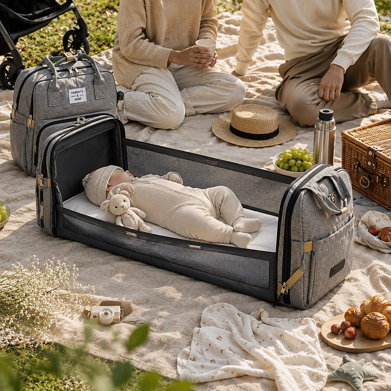 Bébé endormi dans le lit de voyage du sac à langer 3 en 1 Parents & Bébé en extérieur