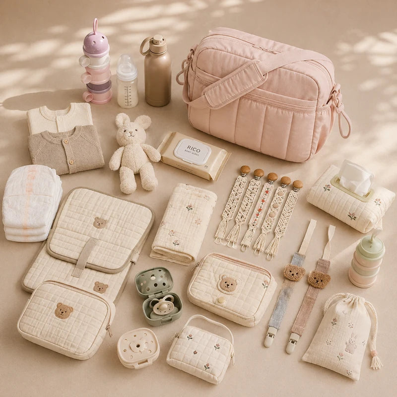 Sac à langer épaule rose entouré d'accessoires bébé assortis : biberon, gourde, doudou, lingettes, attaches-tétine