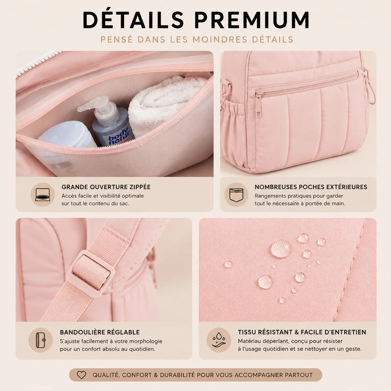 Détails du sac à langer épaule : grande ouverture zippée, poches extérieures, bandoulière réglable, tissu déperlant