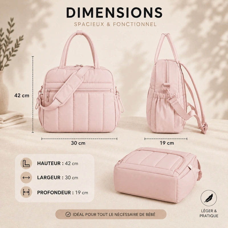 Schéma des dimensions du sac à langer épaule : 42 cm de hauteur, 30 cm de largeur, 19 cm de profondeur