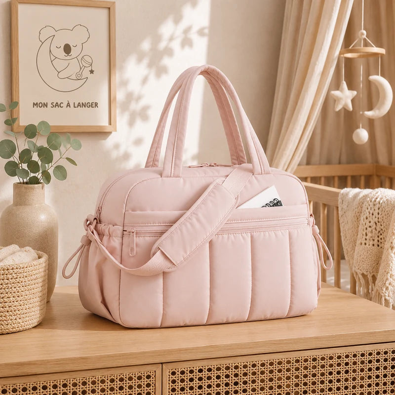 Sac à langer épaule rose posé sur une commode dans une chambre de bébé