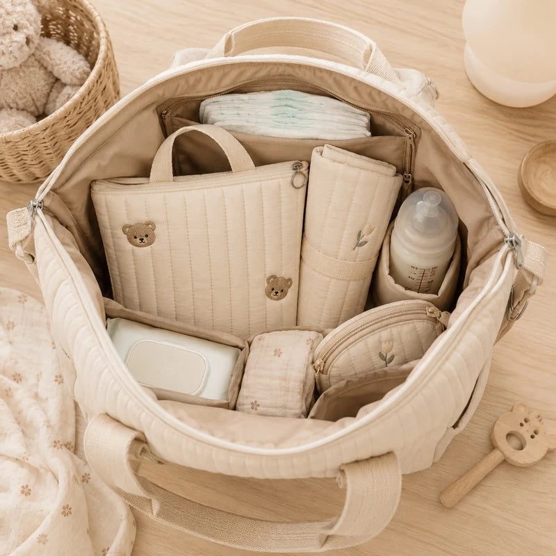 Pochette couche bébé rangée à l'intérieur d'un sac à langer avec biberon, lingettes et vêtements