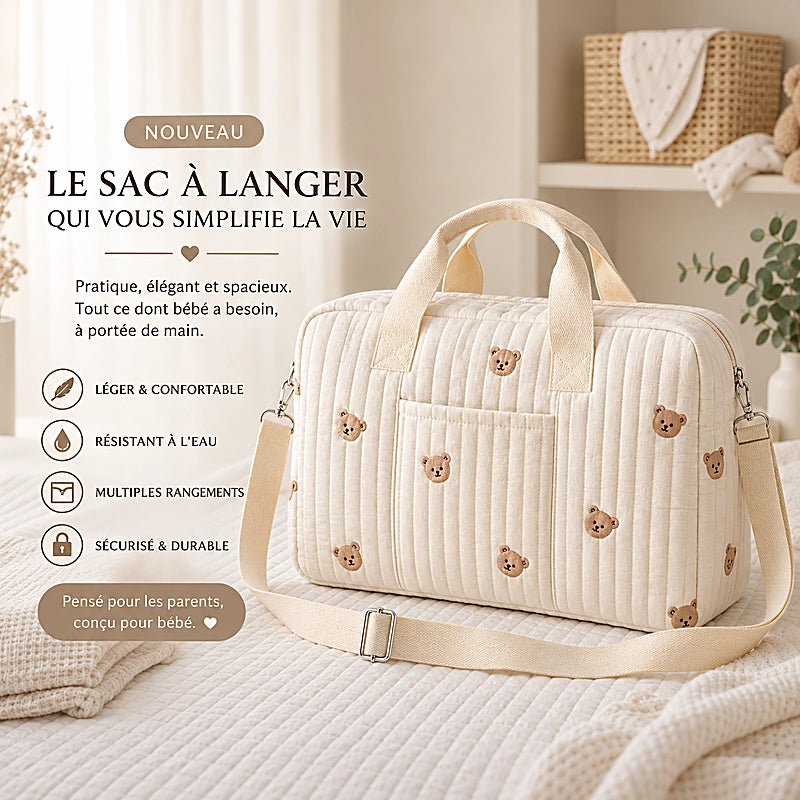 ac à langer beige nouveau-né motif ours brodé, léger, résistant à l'eau, multi-rangements avec bandoulière ajustable