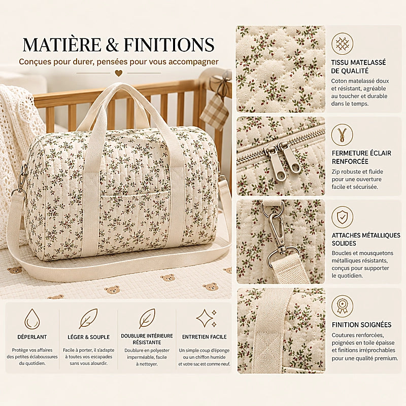 Gros plan matière du sac à langer en coton matelassé fleuri : zip renforcé, attaches métalliques, doublure imperméable
