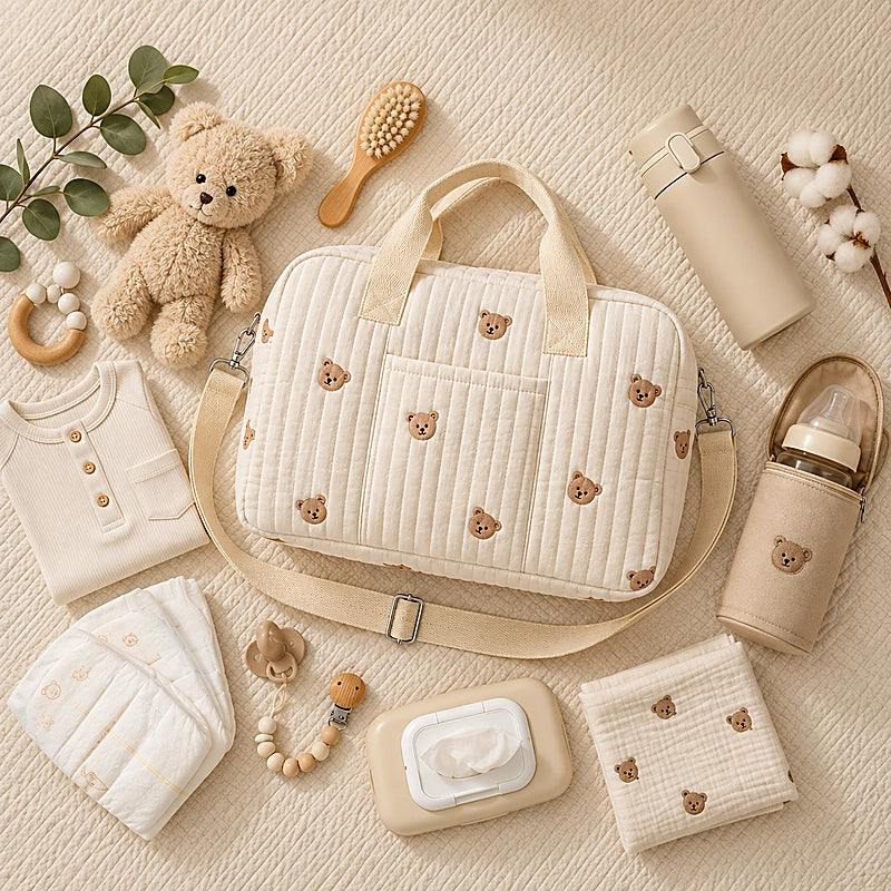 Sac à langer beige motif ours entouré d'accessoires bébé : doudou, biberon, lingettes, gourde isotherme et couches