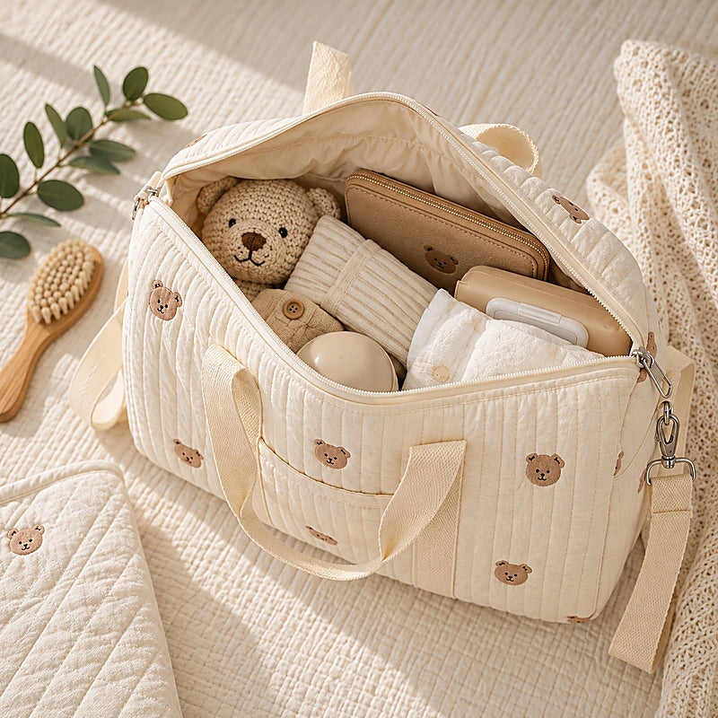 Sac à langer noir motif têtes d'ours porté à l'épaule par une femme dans une chambre d'enfant