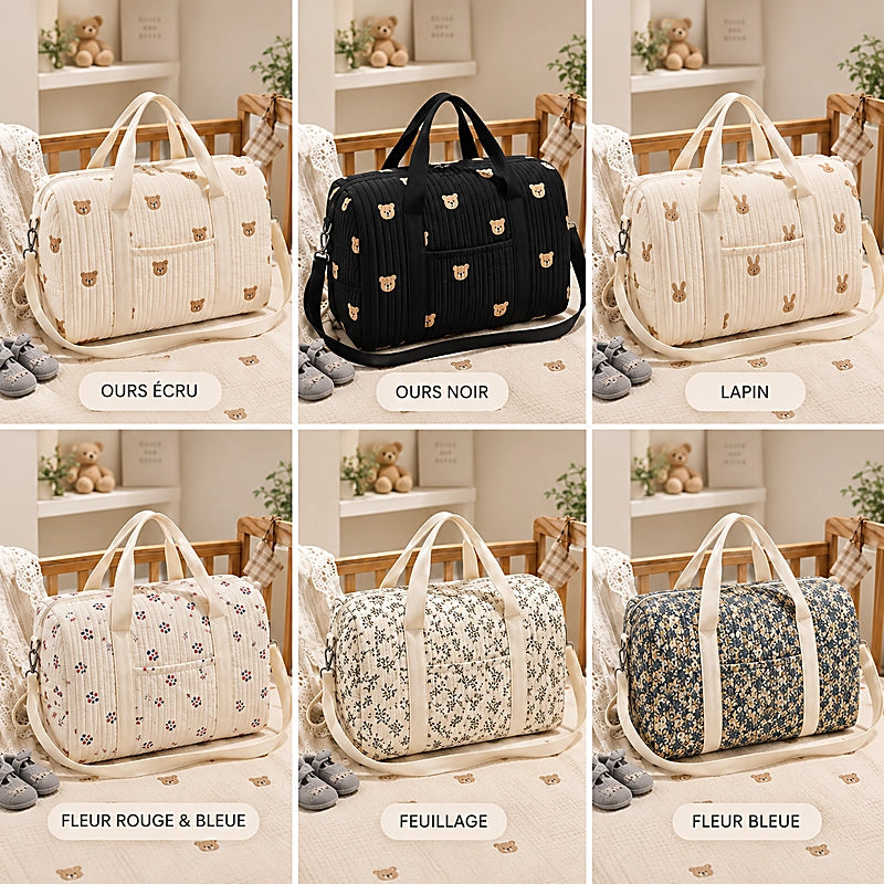 Sac à langer disponible en 6 coloris : ours écru, ours noir, lapin, fleur rouge et bleue, feuillage, fleur bleue