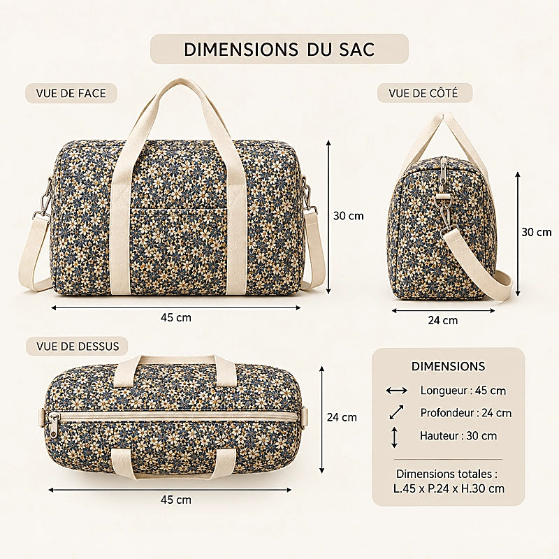 Schéma des dimensions du sac à langer : longueur 45 cm, profondeur 24 cm, hauteur 30 cm