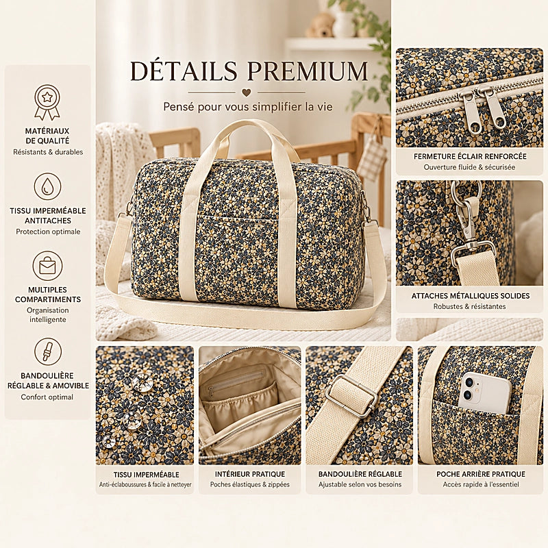 Sac à langer motif fleuri beige et bleu - détails premium : tissu imperméable, fermeture éclair renforcée, bandoulière réglable amovible