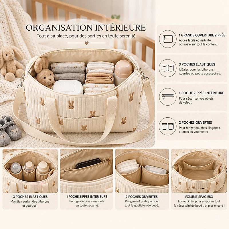 Intérieur organisé du sac à langer motif lapin beige : poches élastiques, poche zippée, compartiments pour biberons et couches