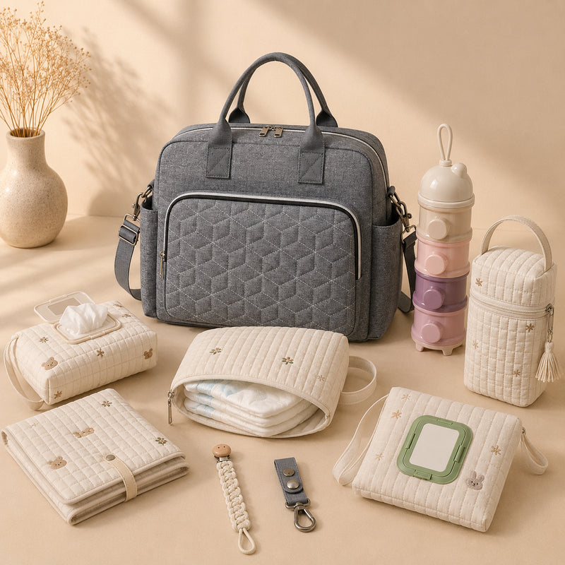 Sac à langer Promenade gris avec set d'accessoires bébé beige : tour de change, boîte à lait, porte-biberon isotherme