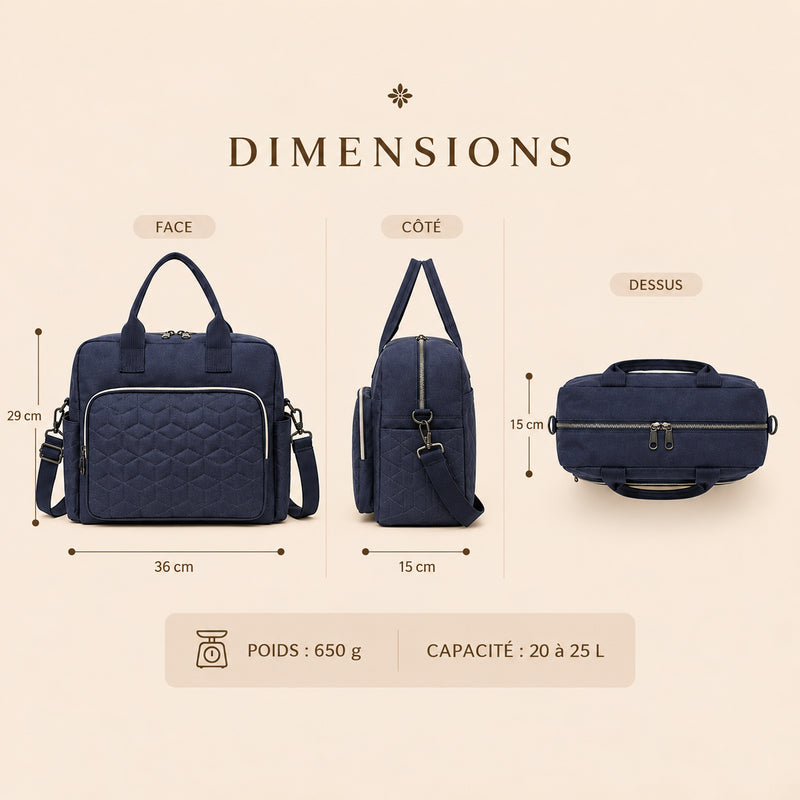 Schéma des dimensions du sac à langer Promenade bleu marine : 36 cm de long, 15 cm de profondeur, 29 cm de haut, 650 g