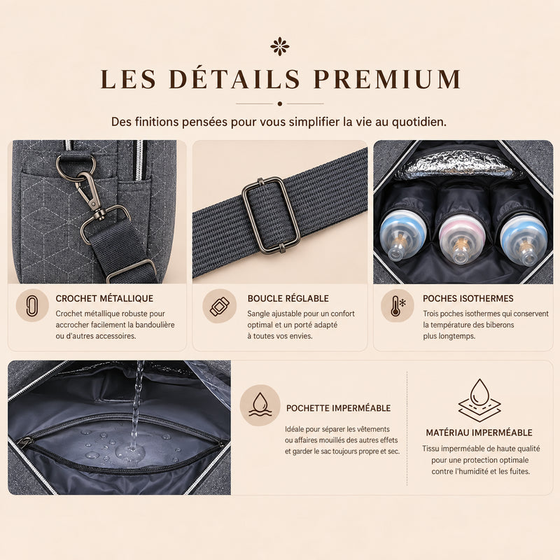 Finitions du sac à langer Promenade : crochet métallique, boucle réglable, poches isothermes et pochette imperméable