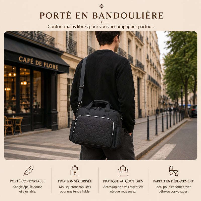 Homme portant le sac à langer Promenade noir en bandoulière dans une rue de Paris, confort mains libres