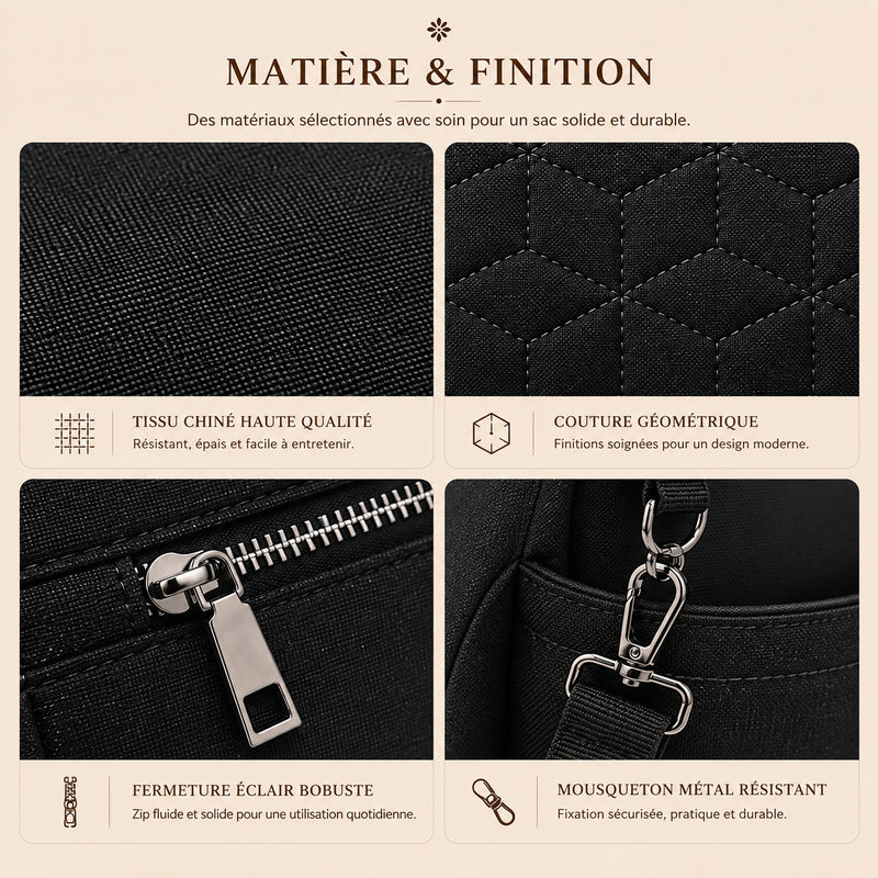 Gros plan matière du sac à langer Promenade noir : tissu chiné, couture géométrique, zip et mousqueton métal résistant
