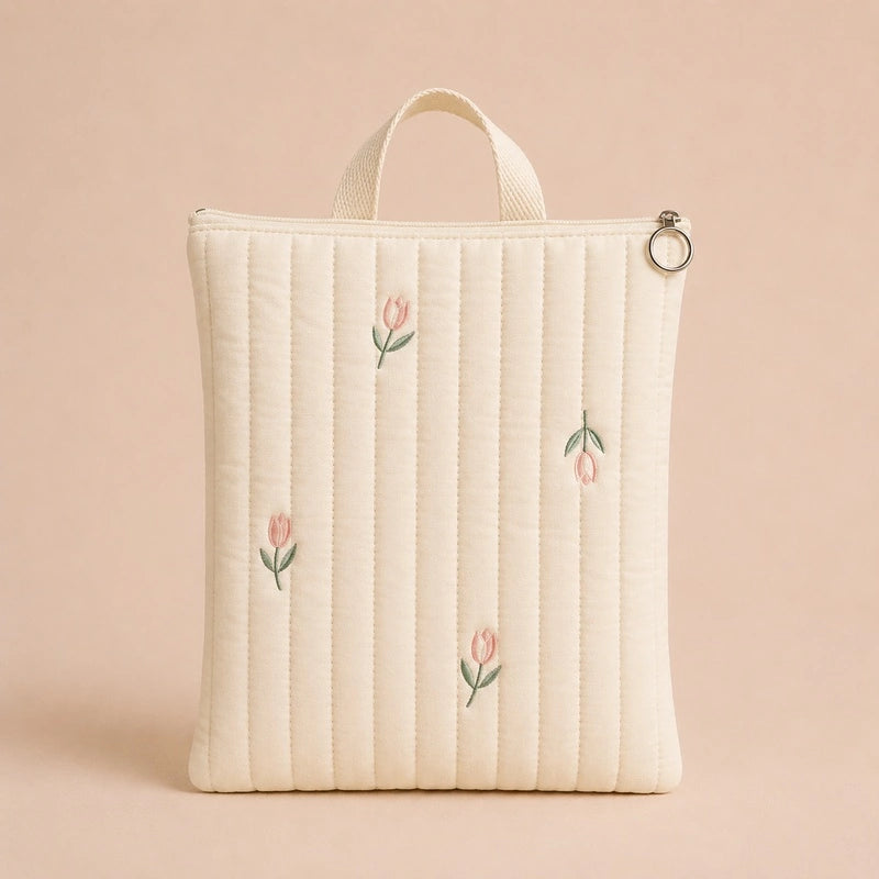 Pochette couche bébé écru, broderie motifs tulipes