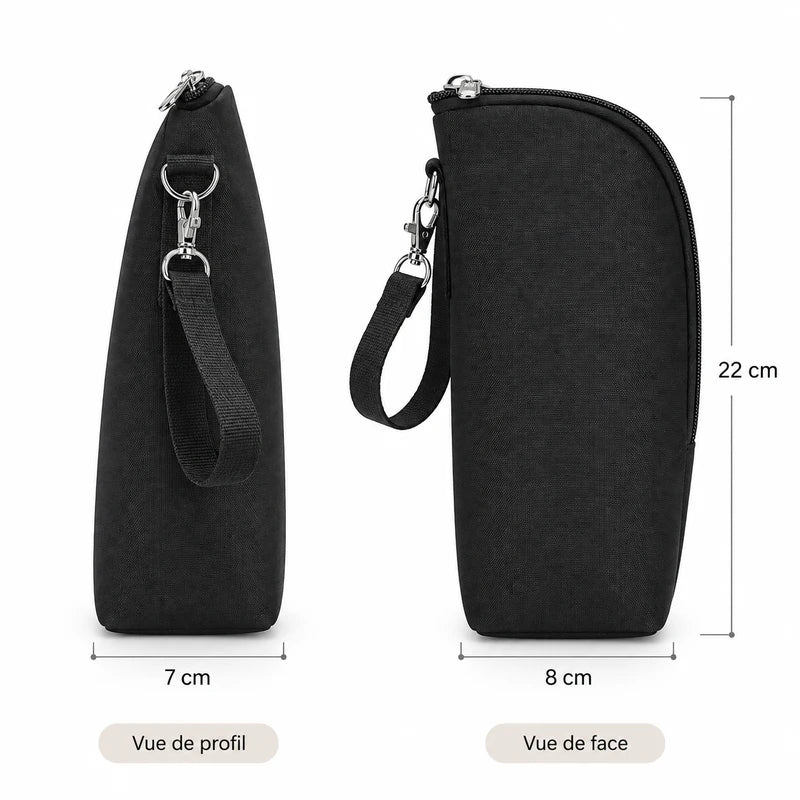 Schéma des dimensions du sac isotherme porte-biberon noir : 7 cm de large, 8 cm de profondeur, 22 cm de haut
