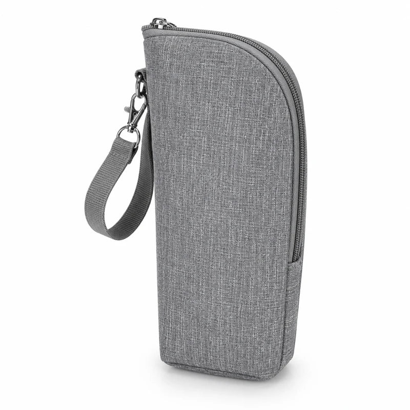 Sac isotherme porte-biberon gris chiné avec dragonne et mousqueton métallique, vue de profil