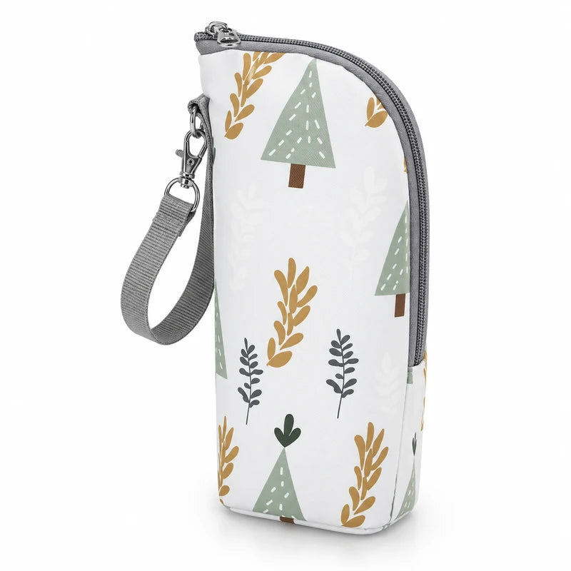 Sac isotherme porte-biberon motif forêt scandinave vert et moutarde avec dragonne réglable