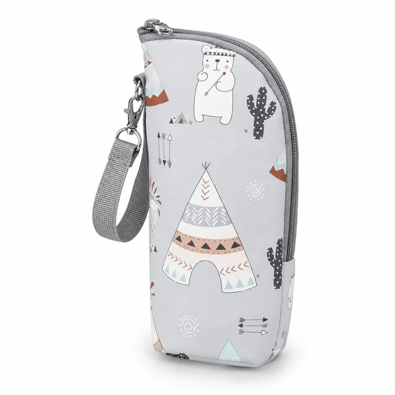 Sac isotherme porte-biberon motif tipi indien et ours grizzly, univers scandinave gris