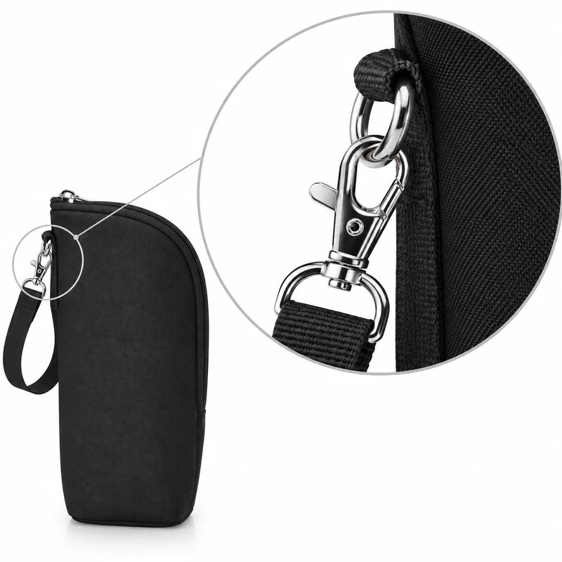 Zoom sur le mousqueton métallique robuste du sac isotherme porte-biberon noir