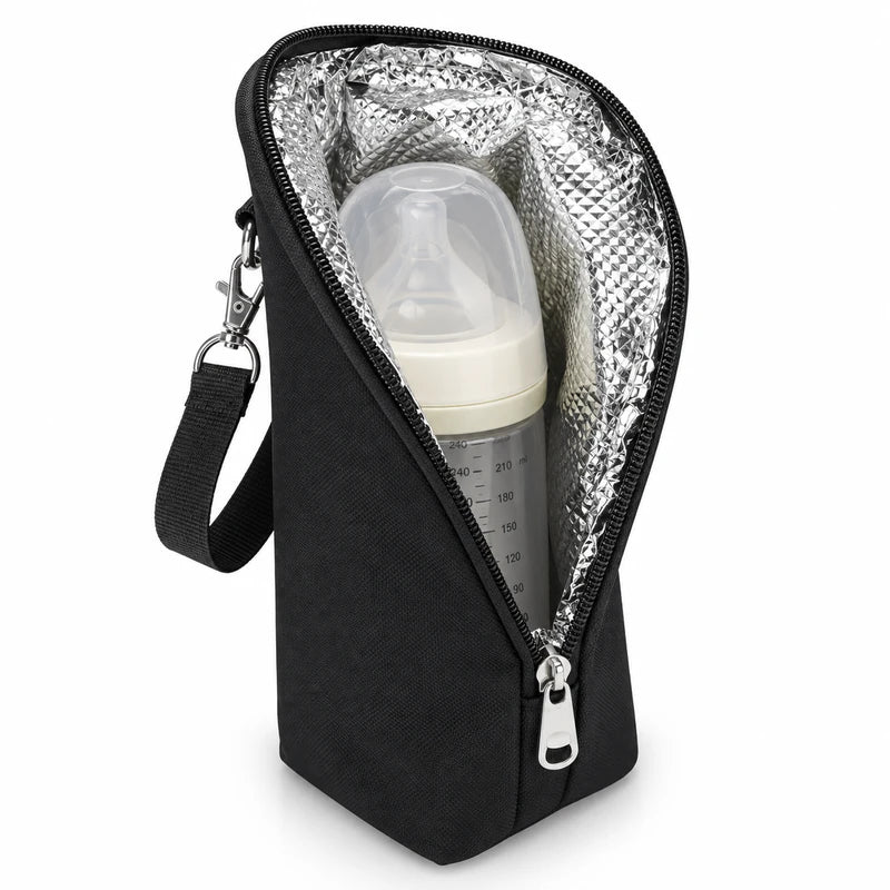 Intérieur isotherme du sac porte-biberon noir avec doublure aluminisée conservant la température du biberon