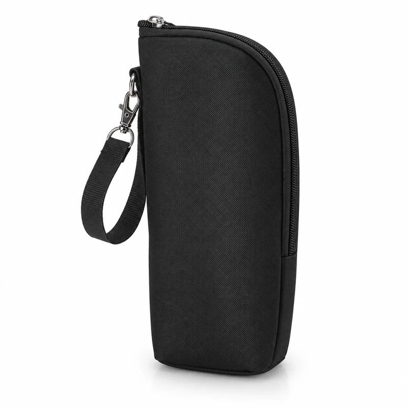 Sac isotherme porte-biberon noir uni avec dragonne et mousqueton, vue de profil