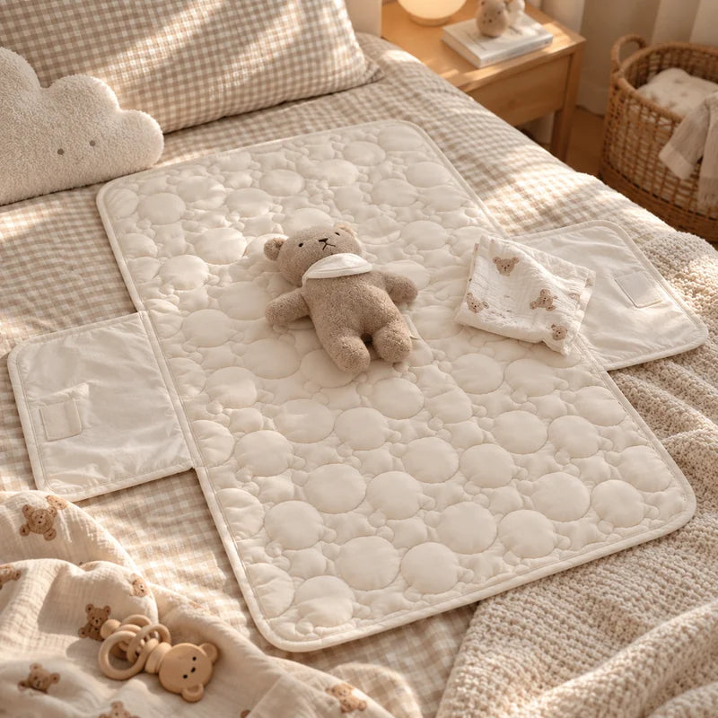 Tapis de change bébé matelassé écru déplié avec poches latérales de rangement, posé sur un lit