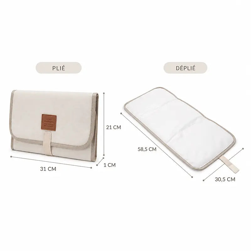 Schéma dimensions tapis de change bébé nomade : 31x21x1 cm plié, 58,5x30,5 cm déplié