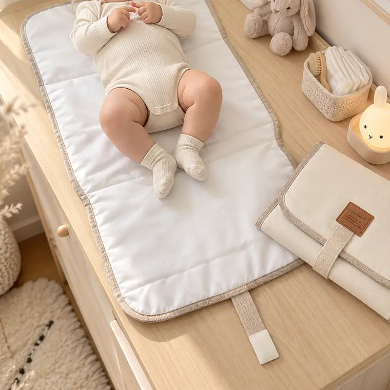ébé allongé sur le tapis de change nomade déplié blanc crème posé sur une commode en bois