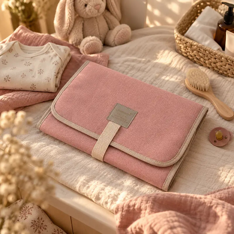 Tapis de change bébé nomade rose posé dans une chambre avec doudou lapin et accessoires de toilette