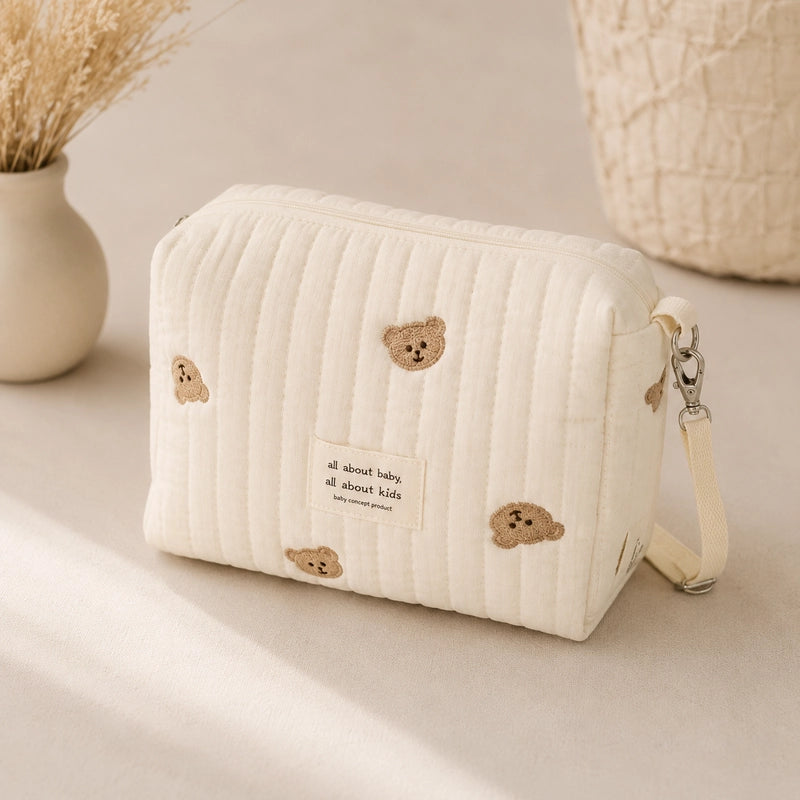 Trousse de toilette bébé matelassée écrue brodée têtes d'ourson, avec dragonne amovible